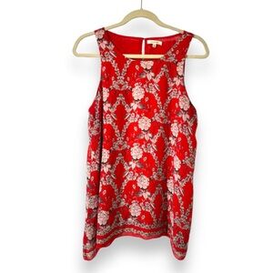 💙 Max Studio Red Floral‎ Keyhole Back Tank Top Womens Size Large Spring Feminine